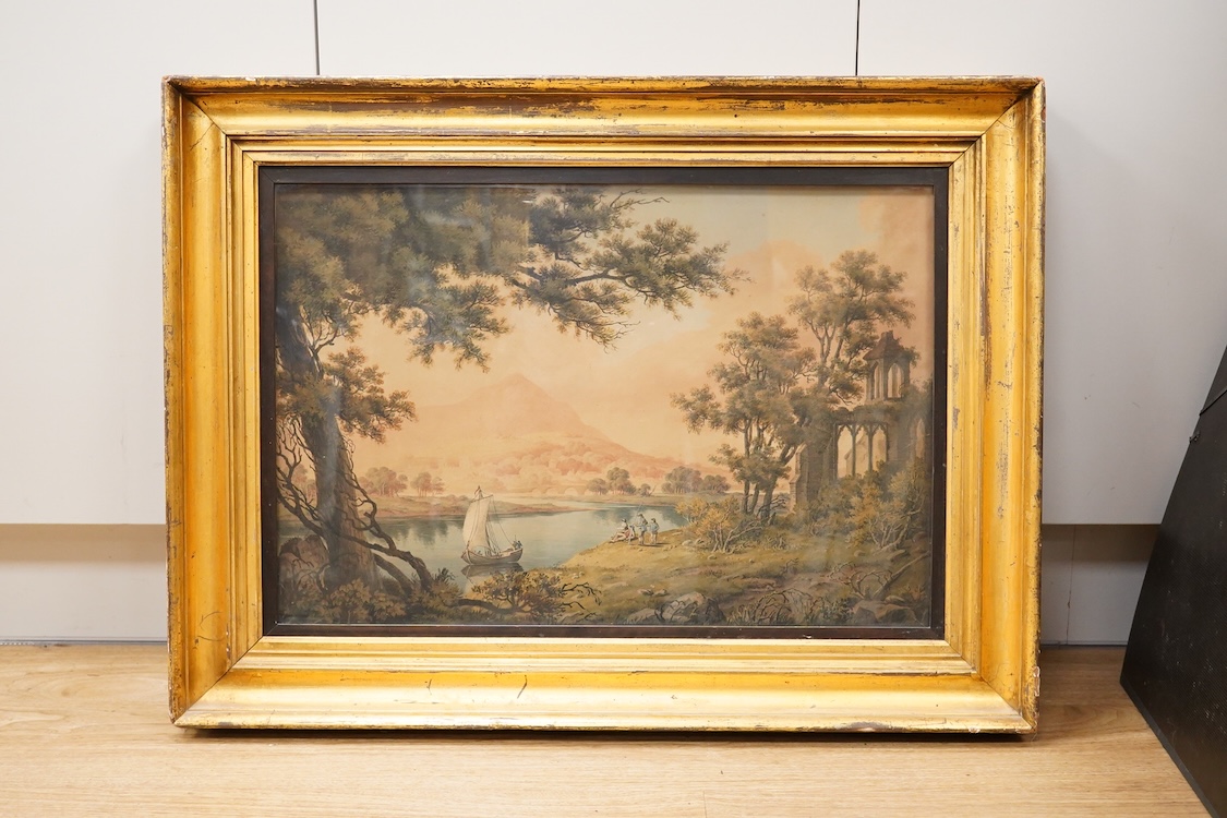 J H Fidlor (Late 18th / early 19th. C), Continental riverscape with anglers, signed and dated 1808, 386XJ stencil verso, watercolour, 41 x 60cm, gilt framed